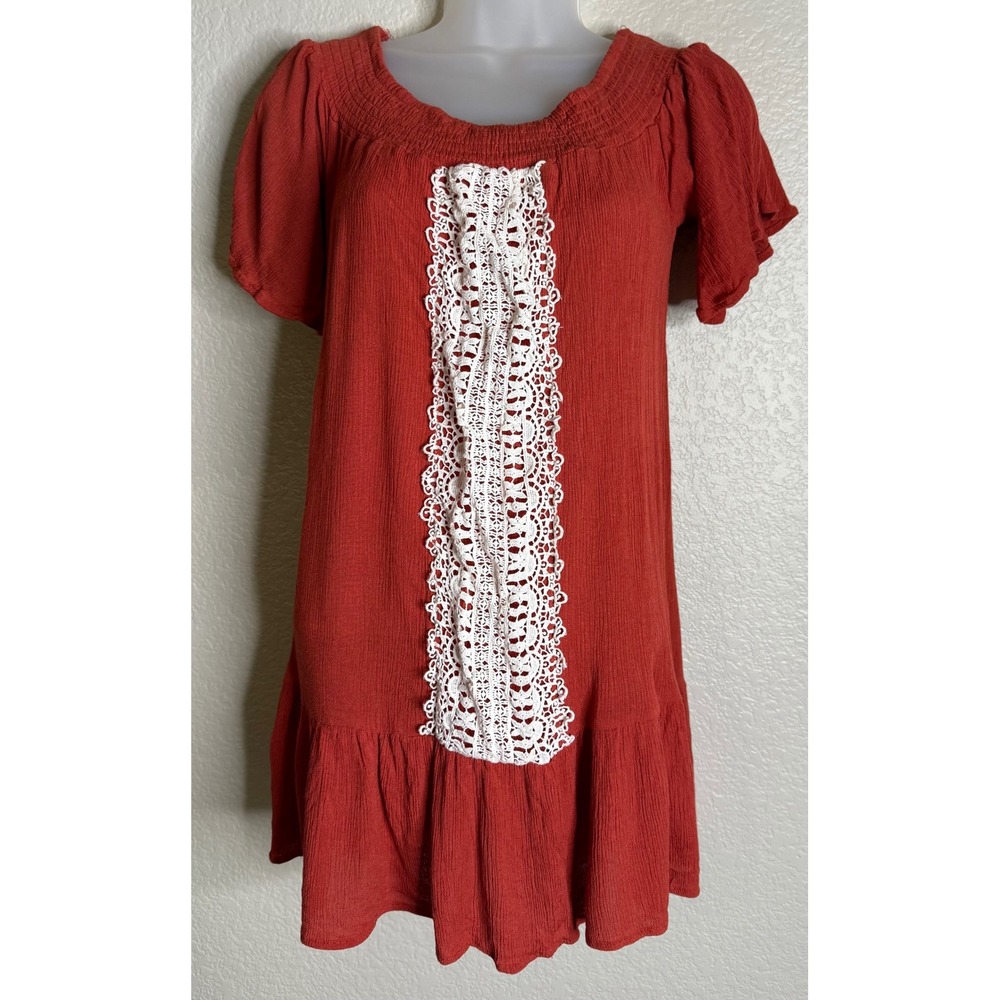 Flying Tomato Womens M Tunic Top Rust Orange Crochet Lace Boho Ruffle Peasant